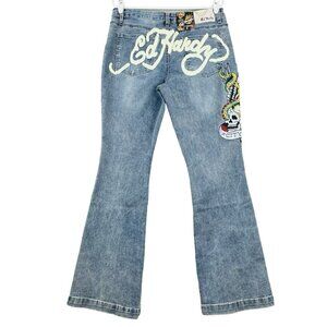 NWT ED HARDY Women's New York City Blue Denim Jeans Size 32 Eagle Slim Flare Leg